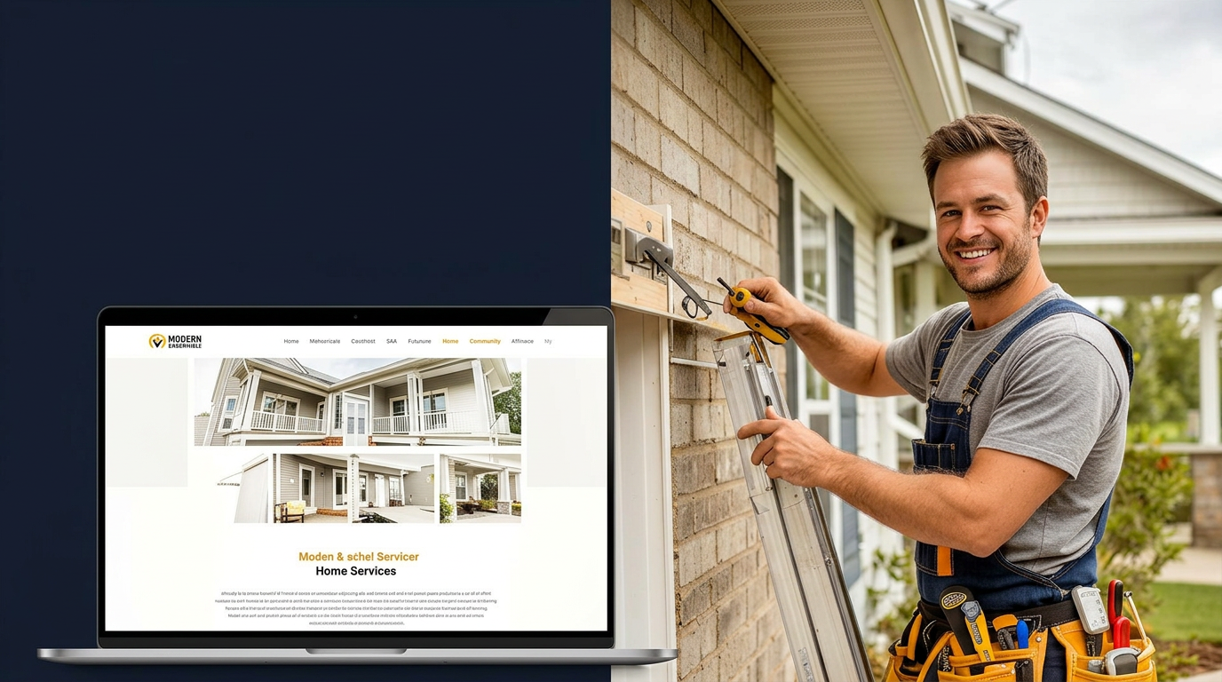 Home services contractor alongside a professional website on a laptop