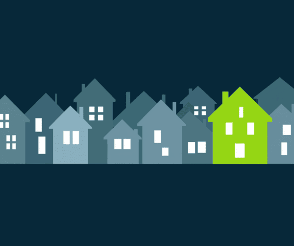 Stylized graphic that shows a bright green house standing out among a neighborhood of gray/blue houses
